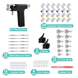 Self Ear Piercing Gun Kit with 18 Pairs of CZ Ear Stud Piercing Tools with Multi-Purpose Ear Gun for Salon and Home Use, Silver