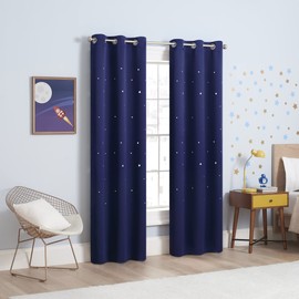 Eclipse Dreamer Star Laser Cut Room Darkening Grommet Window Curtains for Kids Bedroom or Nursery (2 Panels), 34 in x 84 in, Navy