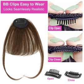 Clip In Bangs Brown Human Hair Bangs Clip In Hair Extension, Brown Human Hair Bangs For Women Fake Air Bangs Fringe With Temples Bangs Hair Clips On Wispy Bangs Curved Bangs For Daily Wear