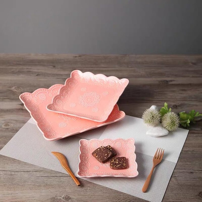 YBK Tech Elegant Square Embossed Lace Plate, Ceramic Serving Plate