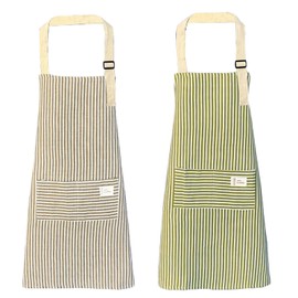 qipuneky Set of 2 Women's Kitchen Aprons with Pocket, Cotton Linen Apron for Cooking, Baking, Painting, Housework, Green + Grey