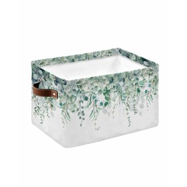 Eucalyptus Storage Basket Sage Green Large Foldable Storage Bins with Handles Watercolor Leaves Waterproof Fabric Laundry Baskets for Organizing Shelves Closet Toy Gifts Bedroom Home Decor