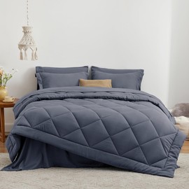 Love's cabin Queen Comforter Set Navy Blue, 7 Pieces Queen Bed in a Bag, All Season Queen Bedding Sets with 1 Comforter, 1 Flat Sheet, 1 Fitted Sheet, 2 Pillowcase and 2 Pillow Sham