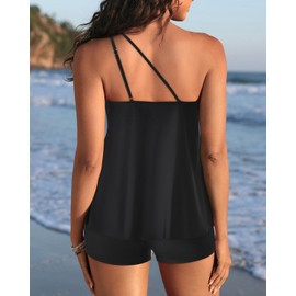 Women Tankini with Shorts - Two Piece Bathing Suits One Shoulder Tummy Control Swimsuit 2025 Flowy Swimwear Black M