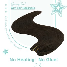 YoungSee Wire Hair Extensions Human Hair Invisible Hairpiece Fish Wire Layered Hair Extensions Human Hair Darkest Brown Straight Fishing Line Human Hair Extensions with Removable Clips 20Inch 100G