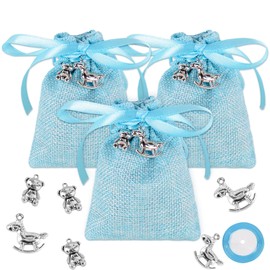 Pack of 24 Tags (2 Patterns) + 24 Jute Bags Guest Gifts Jute Bag Linen Bag for Communion Confirmation Christening Party Gift Children's Birthday Guests Birth Decoration Communion Gifts (Blue)