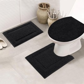 SHACOS Bathroom Rugs Sets 3 Piece with Toilet Lid Cover, 16"x24"Bath Mat and 20"x24" U-Shape Contoured Toilet Mat Machine Washable Shaggy Absorbent Bath Rugs (Black)