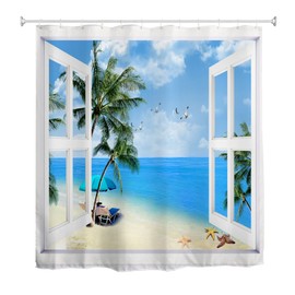 goodbath Beach Shower Curtain, 3D Ocean Seascape Sky Clounds Palm Trees Seagull Window Views Anti Mould Bath Curtains for Bathroom, 180x180cm