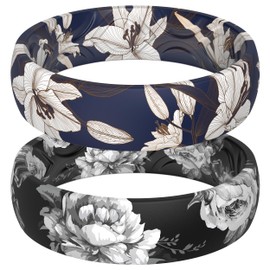 ThunderFit Silicone Wedding Bands for Women, Breathable Printed Design Rubber Engagement Rings 5.5mm Wide 1.8mm Thick - 2 Pack