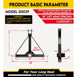MaxxHaul 50039-3 Point 2 inch Heavy Duty Trailer Hitch Drawbar Adapter Category 1 Tractor Tow Compatible with John Deere, Kubota, CAT, BX, LM25H, WLM Tractor, NorTrac, Yanmar, Kioti