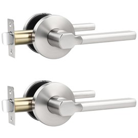 knobelite Satin Nickel Passage Door Handle,Brushed Nickel Round Interior Door Lever for Hallway and Closet,Keyless Non-Locking Door Lock,Left and Right Hand Reversible,2Pack