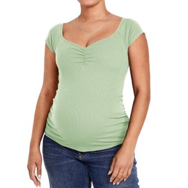 Tankaneo Womens V Neck Maternity Tops Cap Sleeve Fitted Breastfeeding T Shirts Summer Pleated Pregnancy Clothes Pea Green