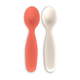 Suavinex, 2 x Kids Baby Feeding Spoons Ideal for Papillae and Jars Dishwasher Safe For Babies +4 Months Coral + Grey