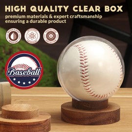 JupDec Baseball Display Case, Round Clear Ball Holder with Wooden Base, Autograph Baseball Stand Box for Single Ball, Acacia Wood, Brown, 2 Pack