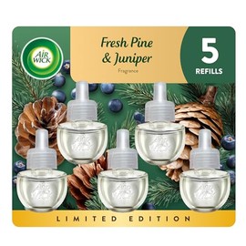 Air Wick Aceite perfumado enchufable, 5 recambios, pino fresco y enebro, aroma de otoño, (5 x 0.67 onzas líquidas), aceites esenciales, ambientador, embalaje puede variar