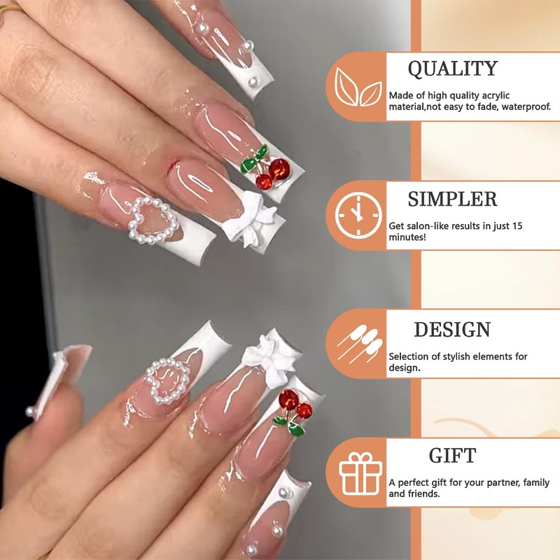 GlamRays 3D Cherry Bow Pearl False Nails White French Lace