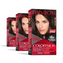 REVLON Revlon ColorSilk Permanent Hair Color, 100% Gray Coverage Dye Kit, Ammonia-Free, Keratin and Amino Acids, Brown Shades, 20 Brown Black (Pack of 3)