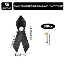 WANDIC Black Ribbon Satin with rose, 50 Pieces Black Brooches Classic Melanoma Awareness Pins Premium Ribbon Brooch Badges for Mourning Remembrance Day Gifts, Polyester, no gemstone