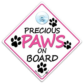 Precious Paws On Board Sign, Dog on Board Car Sign, Pink Dog Car Sign, Fur Baby Sign, High Visibility Dog Car Sign With Suction Cup to Notify of Dog in Vehicle 14 cm x 14cm x 2cm