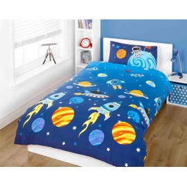 Rapport Home Kids Rockets Stars and Space Blue Childrens 2 Piece Duvet Cover Set - Planets and Spaceship Rockets Single Bedding Set