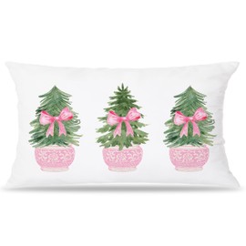 Pleonox Chinoiserie Christmas Tree Pillow Covers 20x12, Pink Bow Chinoiserie Porcelain Christmas Lumbar Pillow Covers, Grandmillennial Christmas Decor, Christmas Decorations for Living Room Bedroom