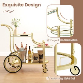 CHEFJOY Vintage Bar Cart with Wheels, Wine Cart with 3-Tier Tempered Glass Shelves, Beverage Cart for Hotel, Club, Home Bar & Serving Carts for Kitchen, Dining Room, Living Room, Outdoor (Gold)