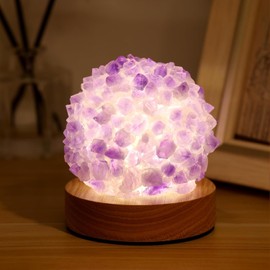 Nizrsky Amethyst Crystal Lamp,Healing Crystals Night Light with Wooden Base for Yoga Balance, Reiki Healing, Meditation,Natural Crystal Ball Table Lamp for Home, Office