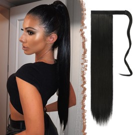 FESHFEN Straight Long Ponytail Extensions 28 Inch Wrap Around Synthetic Off Black Ponytails Hair Piece Pony Tail Hair Extensions Hairpieces for Women