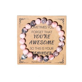 COLORFUL BLING Natural Healing Stone You’re Awesome Heart Beaded Strand Adjustable Bracelet with Meaningful Card Inspirational for Women Jewelry Gifts Wristbands Faith Christmas Birthday-Pink