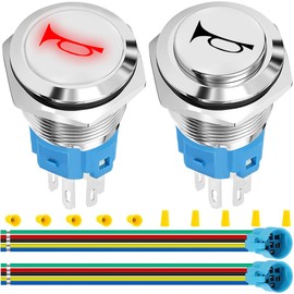 MKBKLLJY 2PCS 16MM Horn Switch Raised Speaker Horn Momentary Push Button Switch DC 12V-24V 5A 5/8" Mounting Hole Red LED Light Waterproof Silver Stainless Steel Shell SPDT with Pre-Wiring for Car
