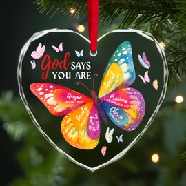 34HD God Says You are Glass Heart Ornament 2025 – Christian Bible Verse Butterfly Gift for Women, Religious Birthday Keepsake