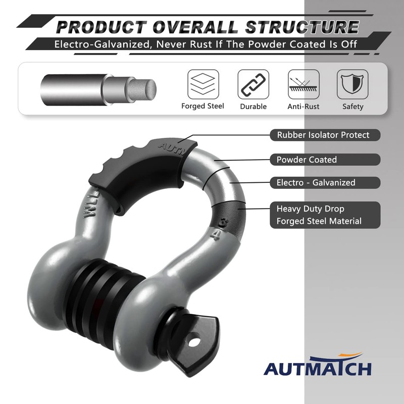 AUTMATCH D Ring Shackle 3/4" Shackles (2 Pack) 41,887Ibs Break
