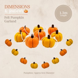 Benross 1.3m Felt Pumpkin Garland / 8 Assorted Orange Pumpkins on Cream Rope/Autumn Hanging Decoration for Halloween, Thanksgiving and Seasonal Styling 85089
