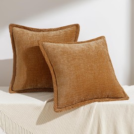 Phantoscope Pack of 2 Paris Corduroy Pillow Covers, Vintage Fall Twill Edge Decorative Throw Pillows Soft Boho Textured Pillows Broadside Solid Square Cushion Case for Couch, Orange 20 x 20 inches
