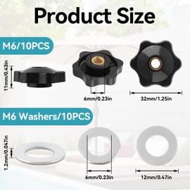 M6 Clamping Nuts 10 Pcs, Plastic Through Hole Stars Knob with Stainless Steel Washers, Black Star Handle Nuts, Hex Clamping Nuts Knob for Mechanical Equipment, Furniture, Electronic Equipment