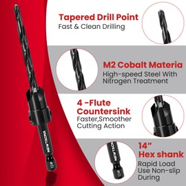 NEWTACNA 15PCS Wood Countersink Drill Bit Set Tapered Pilot Drill Bits with Depth Stop Plug Cutters Phillips Screw Bits & Magnetic Extension 1/4" Quick Change Hex Shank with Storage Case
