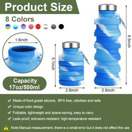 FillTouch 8 Pcs Collapsible Water Bottles 17oz 500ml Silicone Foldable Water Bottle with Carabiner Lightweight Foldable Water Bottles BPA Free Expandable Water Bottle Foldable Leakproof