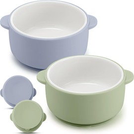 Domensi 2 Sets Kids Porcelain Bowls with Silicone Suction Sleeves Toddler Suction Bowls Baby Bowl Microwave Dishwasher Safe Cereal Soup Snack Dishes for Children Food Feeding Supplies (Blue and Green)