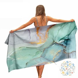 Ulticool Marble Green Blue Gold Towel - For Men or Women - Quick Drying Microfibre Bath Towel - 160 x 80 cm - Travel Fitness Gym Sports Spa Yoga - Double Sided Print - Multicoloured