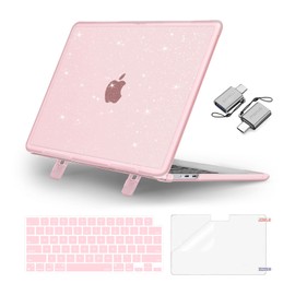 MOSISO Compatible with MacBook Air 13 inch Case 2025 2024 2023 2022 M4 A3240 M3 A3113 M2 A2681,Heavy Duty Shockproof Sparkly Glitter Hard Case with Fold Kickstand&Keyboard Skin&Screen Film, Pink
