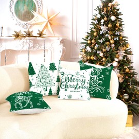Miaikoe Christmas Cushion Covers 50x50 Set of 4 Christmas Decoration Trees Deer Snowman Merry Christmas Decorative Holiday Farmhouse Pillow Cases for Holiday Christmas Decoration（Green）