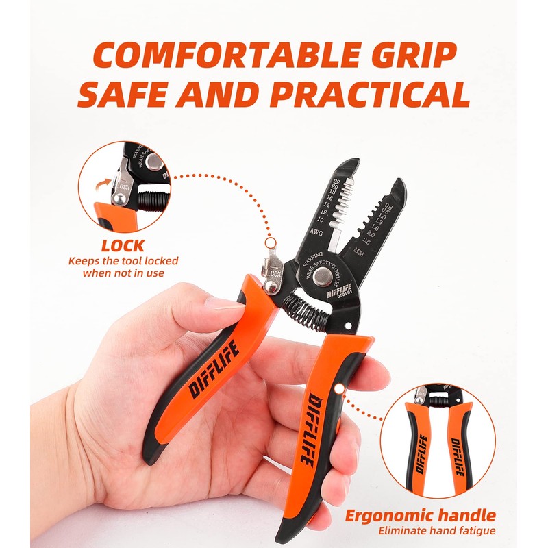 DIFFLIFE 10-22 AWG Wire Stripper Cutter Wire Stripping Tool And