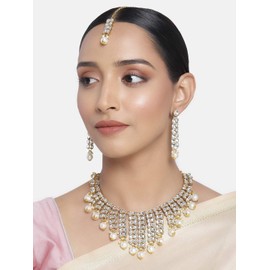 Aheli Elegant Indian Wedding Wear Faux Kundan Studded Choker Necklace with Maang Tikka Set Ethnic Fashion Jewelry Gift for Women White Stone Kundan Leaf