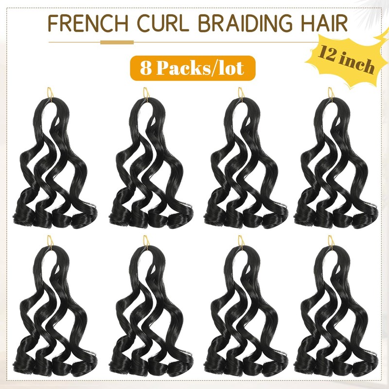 Black French Curl Braiding Hair 12 Inch 8 Packs