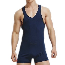Livingly Light Men's Cotton Tank top One Piece Wrestling Singlet Bodysuit Leotard Underwear (Blue_cotton, XL)