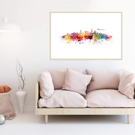 JUNIWORDS Poster with/without Wooden Frame, Choose a Motif, Watercolour Skyline Mainz, Choose a Size, 30 x 40 cm (M) with Natural Frame