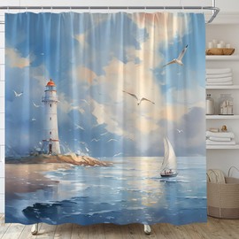 Lighthouse Shower Curtain Nautical Coastal Sailboat Seaside Seascape Seagull Oil Painting Fabric for Bathroom Decor Bathtub with Hooks(70" WX70 H)