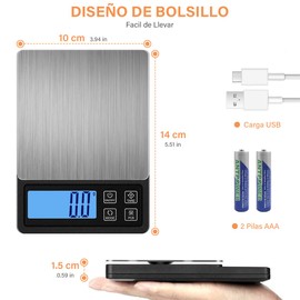 Báscula Digital para Cocina USB Recargable, MTQ Balanza de Cocina de Acero Inoxidable (3 kg-0.1g/0.01oz), Balanza de Alimentos Multifunción, Balanza de Precision con Pantalla LCD y Función de Tara