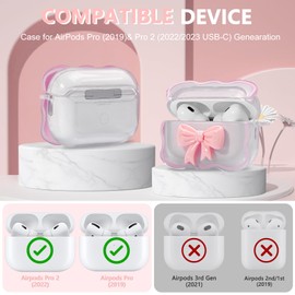 Wowwat for Airpods Pro 2nd Generation Case with Cute 3D Colour Bow Design Soft Clear TPU Cover with Cute Keychain, Compatible with Airpods Pro Case Cleaning Pen Kit for Woman - Pink