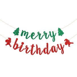 INNORU Merry Birthday Banner, Happy Holiday Party Decorations, Christmas Theme Birthday Baby Shower Party Banner, Merry Christmas Party Decoration Suppllies, Red Green Glitter